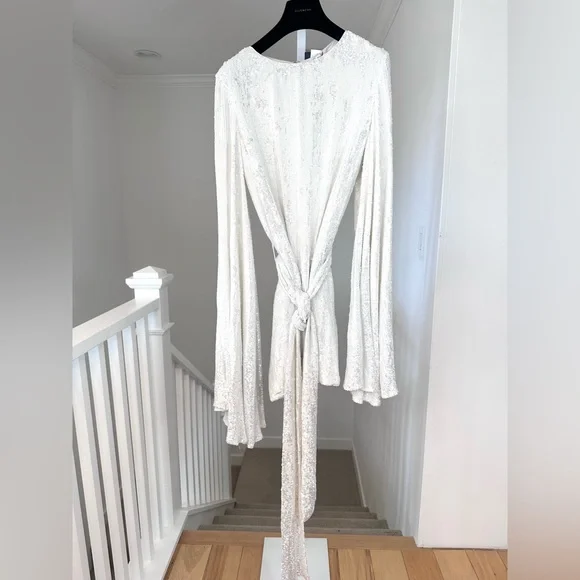 NWT Caroline Constas White Sequin Anya Party Dress Bell Sleeve S/M $895  Retail - threedaughtersproperties.com